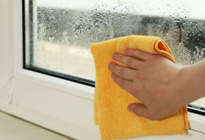 A close-up of a hand drying a moisture-covered window with a small towel.