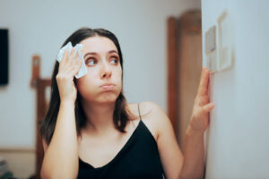 Woman holding handkerchief to her forehead as she checks thermostat to see why it's so hot in the house.